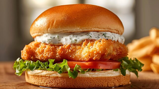 A crispy fish sandwich with lettuce, tomato, and tartar sauce on a brioche bun