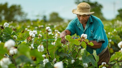 A farmer tending to organically grown cotton plants in a sustainable farm
