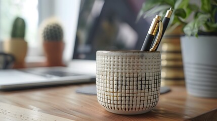 Cozy Home Office Desk with Pen Holder and Potted Plants