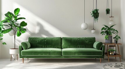 A minimalist sofa in a refreshing green color, placed in a modern living room with indoor plants and neutral decor