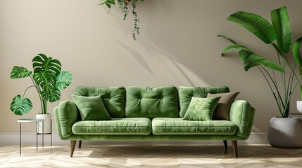 A minimalist sofa in a refreshing green color, placed in a modern living room with indoor plants and neutral decor