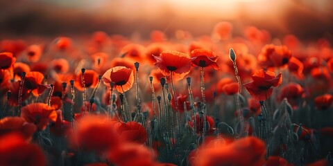 Obraz premium Vibrant red poppies bloom in a beautiful field with soft natural light. Concept Nature, Flowers, Field, Red Poppies, Soft Light