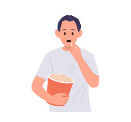 Young man cinema film spectator cartoon character feeling scared and shock eating popcorn snack