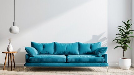 A sleek, minimalist sofa in a vibrant blue color, placed in a modern living room with white walls and wooden floors