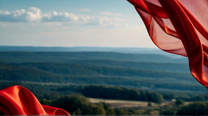 Flying red silk fabric. Waving satin cloth