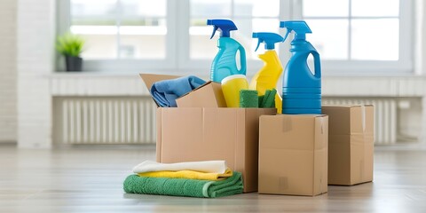 Preparing for a move with cardboard boxes cleaning supplies and organization. Concept Moving Tips, Cardboard Boxes, Cleaning Supplies, Organization Essentials, Packing Hacks