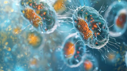 Bacterial cell division captured under a microscope, illustrating the process of binary fission and replication