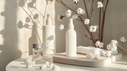 Elegant display of skincare products made with cotton extracts