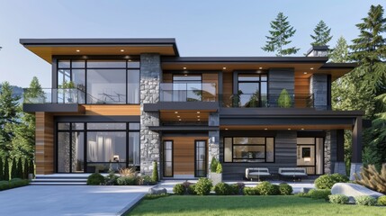 Fototapeta premium 3D rendering of a two-story modern house with wooden cladding and stone mugas, gray walls, large windows, and a roof covered in light brown wood