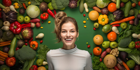 Various superfoods background. Healthy food concept. Clean food and meal. Woman with vegetables.
