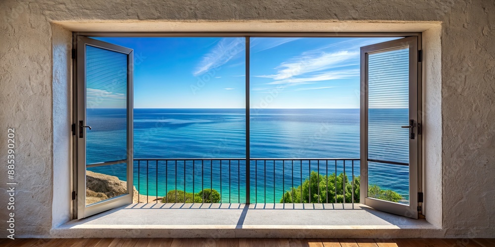 Poster Illustrated view of Mediterranean Sea from terrace window , terrace, window, view, Mediterranean Sea, ocean,scenic