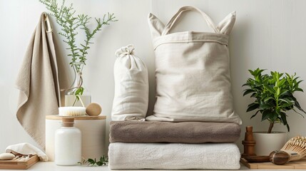 Range of eco-friendly products made from organic cotton, like tote bags, towels, and clothing