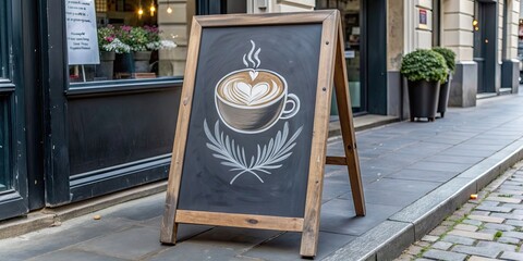 Chalkboard sign with artistic latte drawing outside trendy cafe , chalkboard, sign, artistic, latte, drawing, outside, trendy