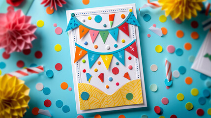 Fototapeta premium Bright and fun birthday card with colorful balloons and a festive pattern