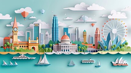 Obraz premium Scenic paper cut art of Sentosa Island with beachgoers and iconic attractions like Universal Studios emphasizing Singapore appeal to travelers Stock Photo with copy space