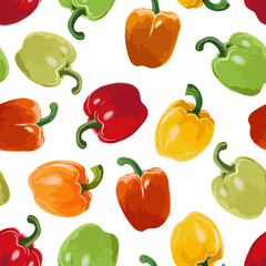 Vector pattern from multi-colored peppers.Multicolored peppers on a white background in a seamless pattern.