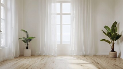Simple white curtains in a minimalist living room with light wooden floors and white walls