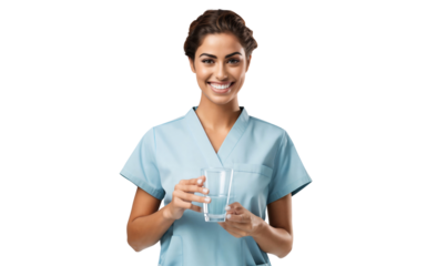 Smiling young woman holding a glass of water, isolated on transparent background