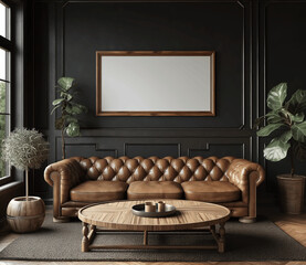 Elegant Living Room with a Leather Sofa and Empty Poster Frame for Wall Art template