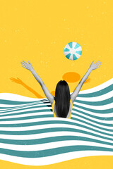 Vertical photo collage of girl stand back play beach volleyball game summertime relax stripes ocean...