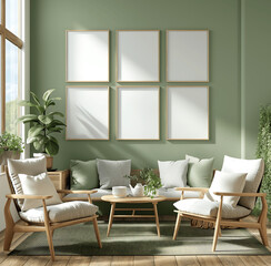 Bright and Cozy Living Space with 6 Empty Poster Frames for Custom Wall Art