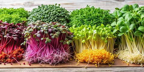 Various vibrant microgreens growing, fresh sprouts and micro leaves, concept of healthy food , microgreens, fresh