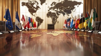 Obraz premium Global Unity Diplomatic Flags on World Map