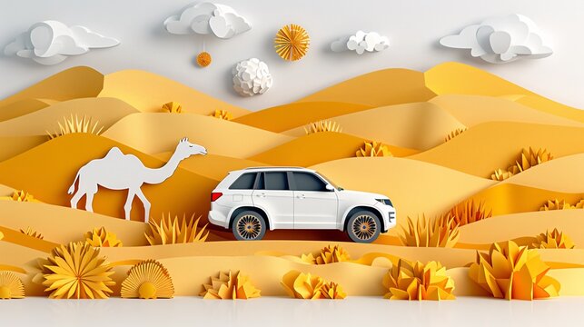 Illustration of a desert safari with paper cut details of camels and dune bashing highlighting the adventurous side of Dubai Stock Photo with copy space