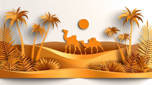 Illustration of a desert safari with paper cut details of camels and dune bashing highlighting the adventurous side of Dubai Stock Photo with copy space