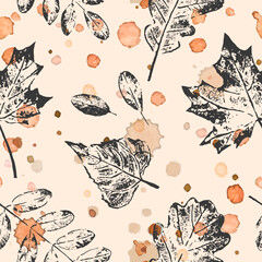 Autumn vector watercolor abstract seamless pattern with leaves in brown colors. Grunge skeleton leaves background with drops. Textile print, page fill, wrapping paper, web