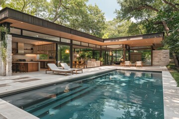 Mid-century modern pool area with lounge chairs, outdoor kitchen, concrete walls, clear blue water, and sliding glass doors, set in an urban backyard in downtown Lady, Texas.