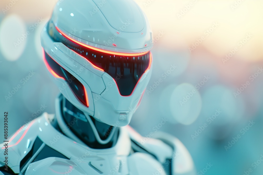 Poster futuristic ai robot with red led lights and white armor in soft focus background, technological inno