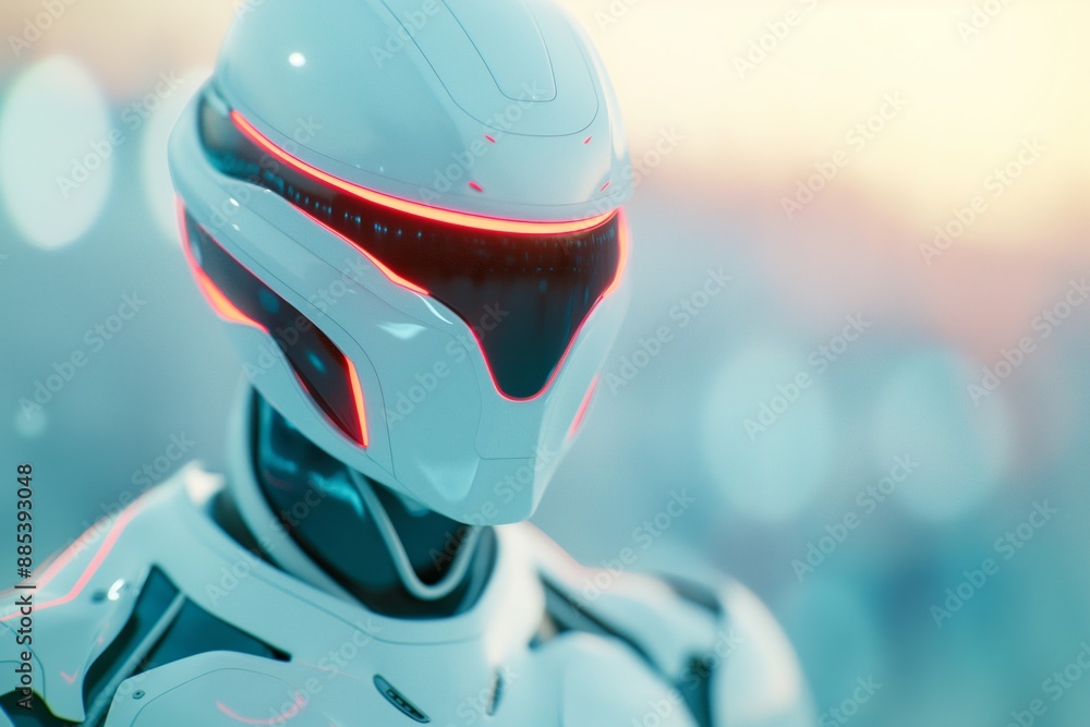 Poster futuristic white robot with neon red lights on helmet in soft focus background for technology and in