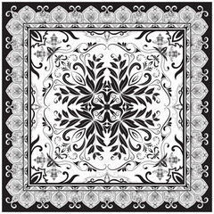 vintage scarf Black mandala surrounded by abstract frame black prayer mat pattern on white background
