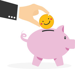 Hand putting smiling emoji a piggy bank. Work motivation. Employee happiness, job satisfaction. Modern vector illustration in flat style

