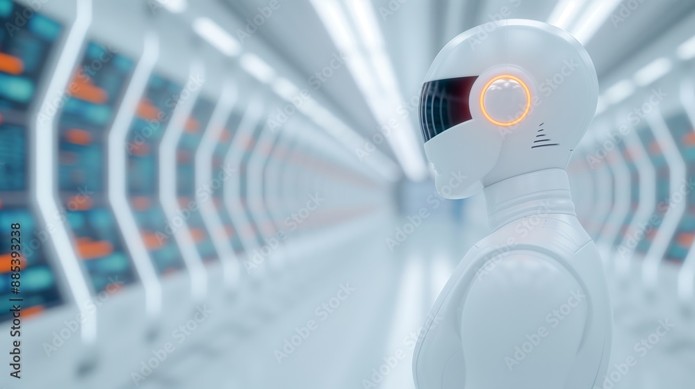 Poster futuristic ai robot in high-tech corridor with glowing eye in modern science fiction lab