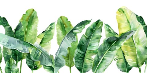 Watercolor tropical foliage set featuring banana leaves on a white background. Concept Digital Art, Tropical Foliage, Watercolor Painting, Banana Leaves, White Background