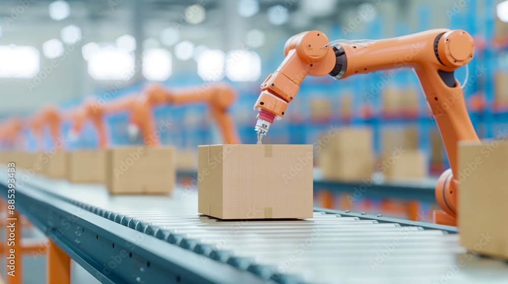 Poster automated robotic arm on conveyor belt in modern warehouse sorting and packaging boxes for efficient