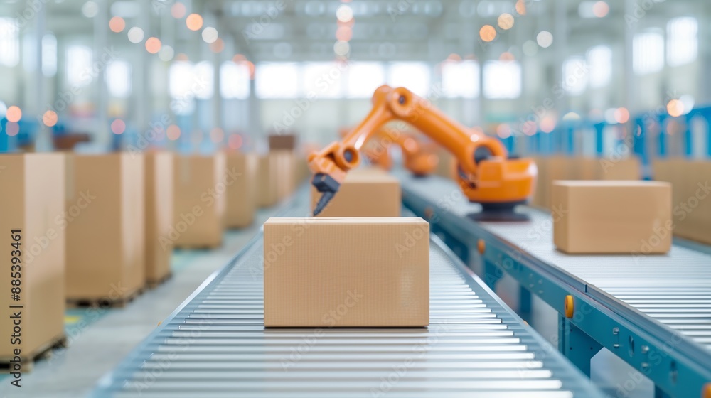 Poster automated robot arm in modern warehouse moving cardboard boxes on conveyor belt for efficient packag