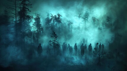 A dark and foggy forest with ghostly figures lurking among the trees