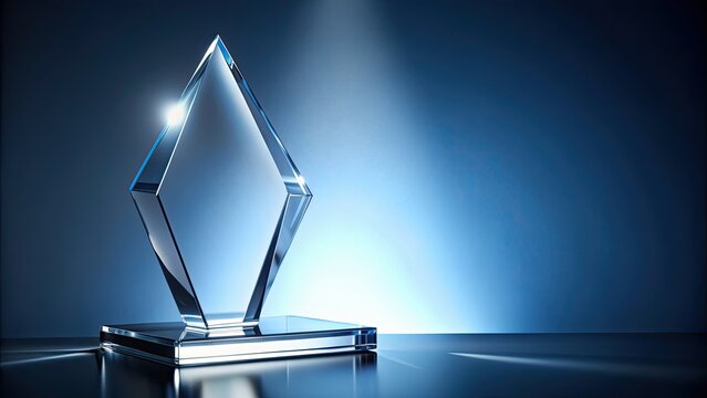 Front view of a modern, arrow-shaped crystal award, crystal, award, trophy, achievement, recognition, success, honor, glass