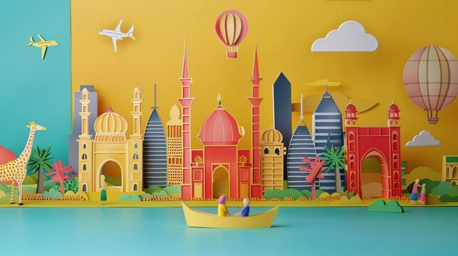 Paper cut illustration of a family exploring the Global Village with pavilions representing different countries emphasizing Dubai diverse cultural offerings Stock Photo with copy space