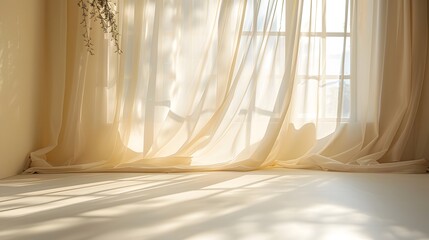 Sunlight Streaming Through Sheer Curtains in a Serene Room