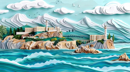 Artistic paper cut scene of Alcatraz Island with detailed views of the prison buildings and surrounding waters showcasing the historic landmark Stock Photo with copy space