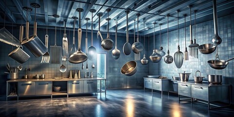 Ominous metallic utensils floating above a chaotic dystopian kitchen scene, utensils, metallic, hover, ominous, dystopian