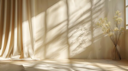 Serene Sunlit Room with Flowing Curtains and Delicate Floral Arrangement