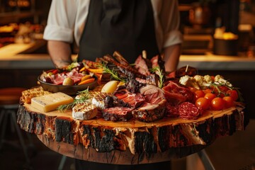 Plateau de viandes et fromages sur une planche rustique en bois