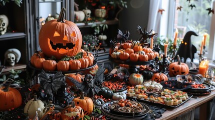 A spooky Halloween feast with eerie decorations and ghostly figures