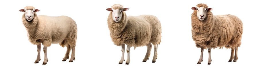 Group of sheep and lambs standing, isolated on white background