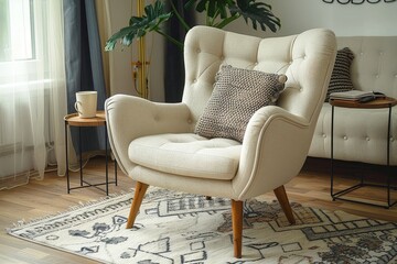 Mid-century inspired wingback chair in light beige linen with wooden legs, decorative pillows, textured rug, side table with metal accents, and a plant creating a cozy reading space.
